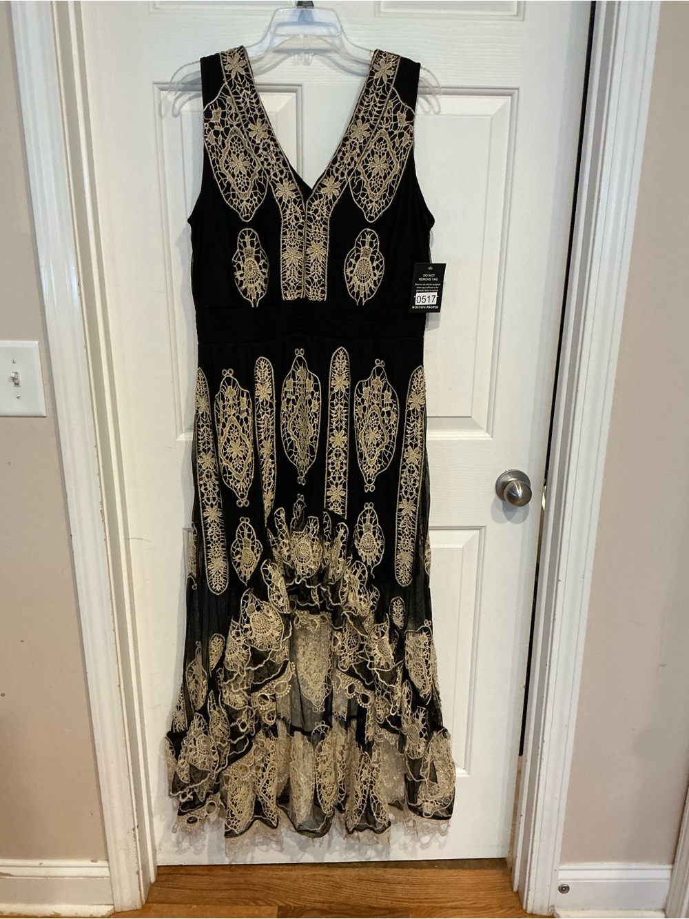 Boston Proper Black Maxi Dress with Gold Lace Motifs